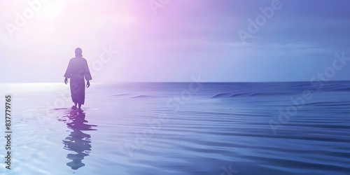 Miracle of Jesus walking on water in the sea biblical event. Concept Biblical Stories, Miracle of Jesus, Walking on Water, Sea of Galilee, Christian Faith photo