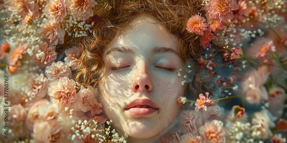 Ethereal portrait of person among delicate flowers. Ethereal portrait of person among delicate flowers.
