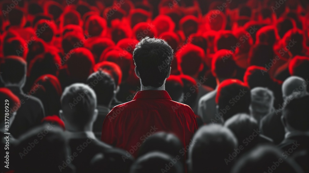 Fototapeta premium man in red jacket standing out from a crowd of people, concept of individuality 