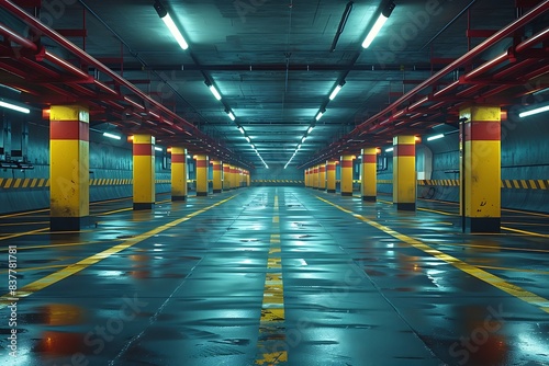 A closed underground parking lot showcases modern cars, and the scene is enhanced by yellow markings.. © MISHAL