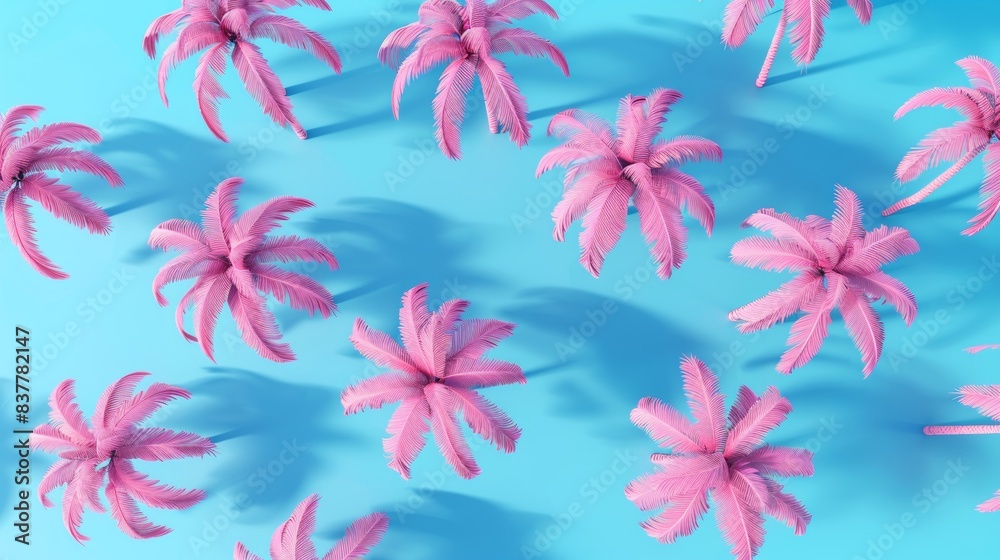 Pink palm trees on a blue background. Rendering in 3D Pink palm trees on a blue background. Rendering in 3D