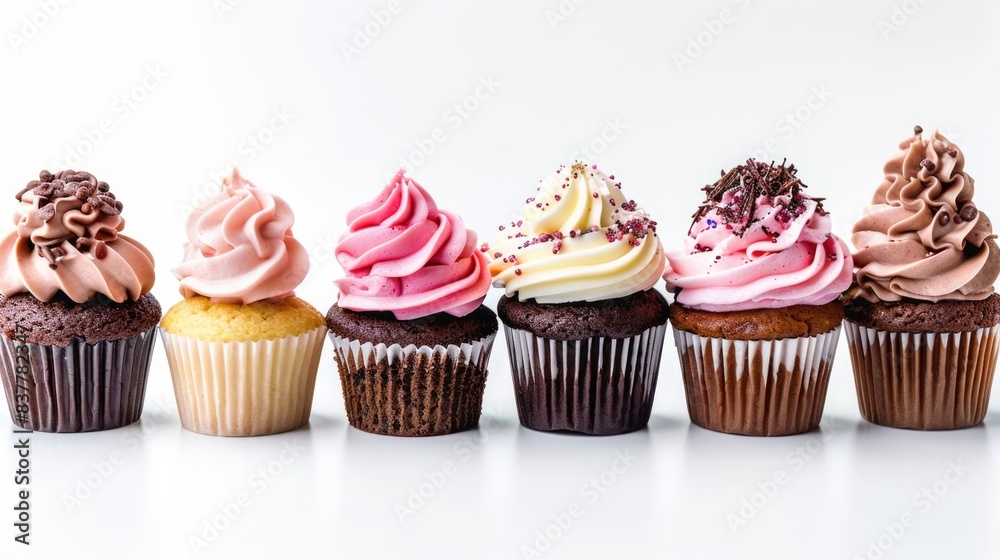 Delicious frosted cupcakes in a row on white background Delicious frosted cupcakes in a row on white background