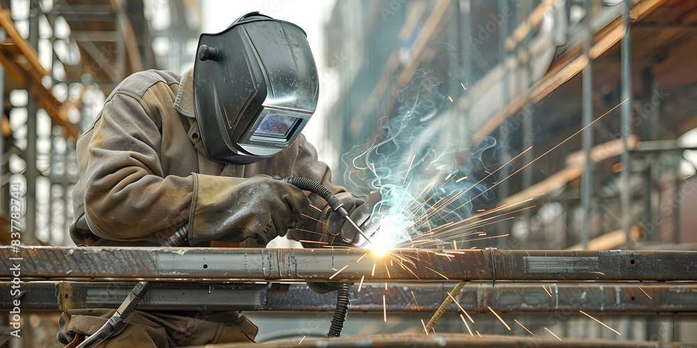 Restoring a historical building Welder repairs structural supports. Concept Construction, Historical Preservation, Welding, Structural Repair, Building Restoration Restoring a historical building Welder repairs structural supports. Concept Construction, Historical Preservation, Welding, Structural Repair, Building Restoration