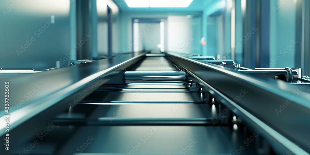 X-ray machine conveyor belt, sharp focus, isolated, no people, morning