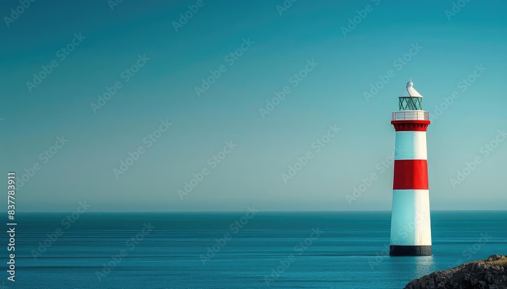 Red and white lighthouse, summer day, clear blue sky close up, focus on, copy space Double exposure silhouette with vibrant coastline Red and white lighthouse, summer day, clear blue sky close up, focus on, copy space Double exposure silhouette with vibrant coastline
