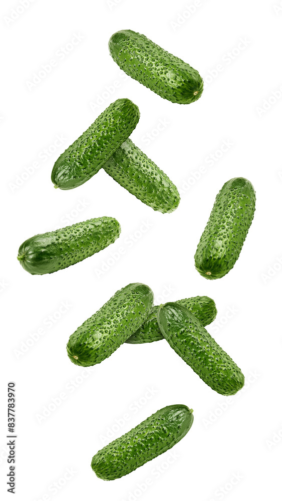 Falling cucumber isolated on white background, full depth of field Falling cucumber isolated on white background, full depth of field