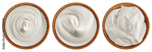 Konstfotografi Sour Cream in wooden bowl, Mayonnaise, Yogurt, isolated on white background, ful