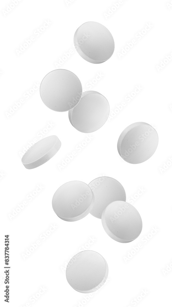 Falling Pills isolated on white background, full depth of field