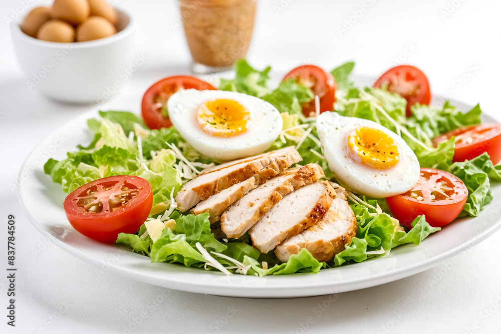 Fresh salad with grilled chicken, boiled egg and cherry tomatoes on white plate Fresh salad with grilled chicken, boiled egg and cherry tomatoes on white plate