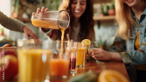 Dynamic image capturing the pouring of juice with friends gathered around a colorful kitchen table during a casual gathering