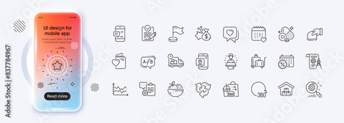 Donate, Milestone and 360 degrees line icons for web app. Phone mockup gradient screen. Pack of Divider document, Rfp, Delivery pictogram icons. Fruits, Diagram chart, Loan signs. Vector