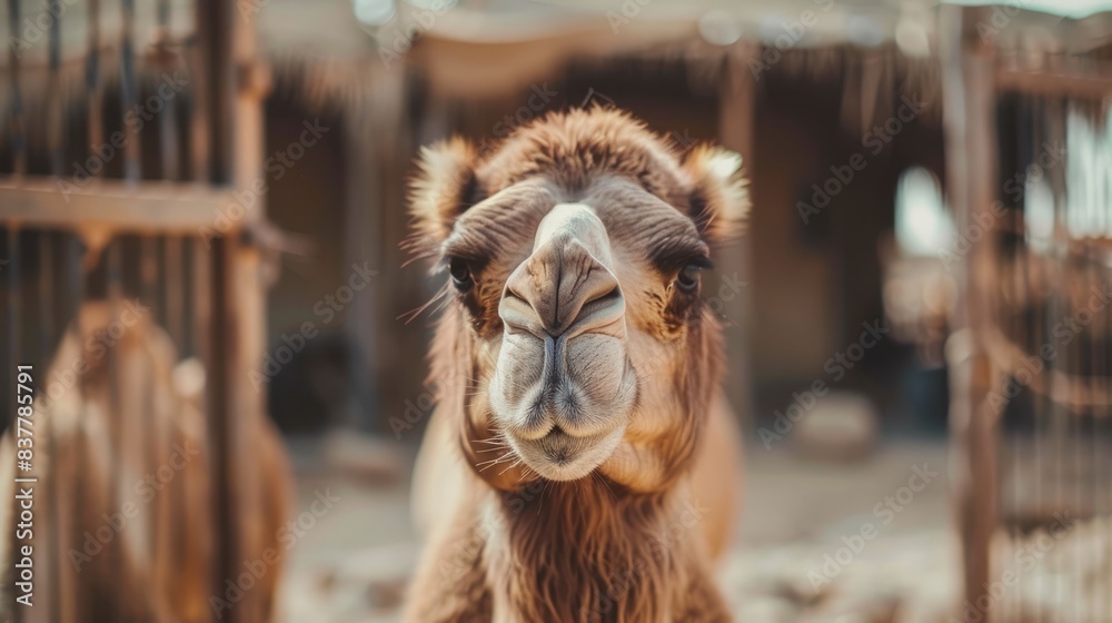 Obraz premium Brown camel at a farm during eid al-adha celebration in a rural setting