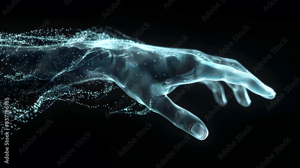 Fototapeta premium Futuristic Technology Concept - 3D Wireframe Human Hand Swipe Gesture with Digital Data and Holographic Effects