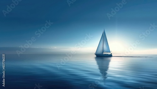 Sailing boat, calm sea, horizon view close up, focus on, copy space, tranquil and blue, Double exposure silhouette with sailboat