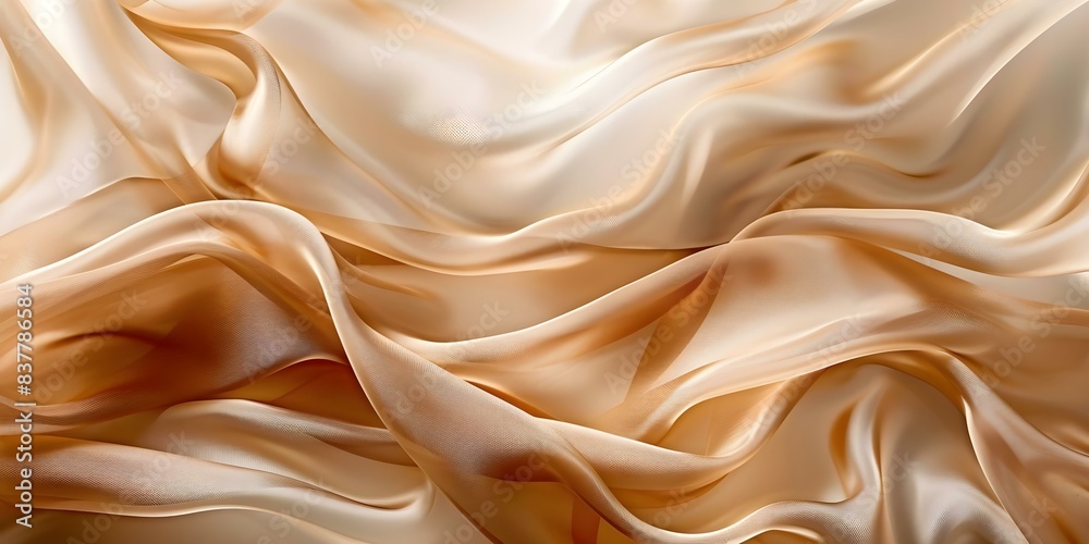 Fototapeta premium Closeup photo of crumpled beige silk fabric with natural light shadow. Concept Closeup Photography, Textile Art, Natural Light Shadow, Neutral Tones, Fabric Texture