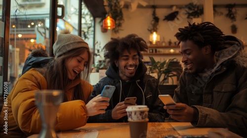 Young friends in a cafe share a smile while looking at smartphones  highlighting modern social interaction and connectivity