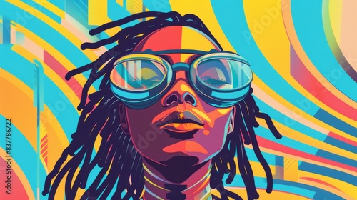 This AI-generated illustration depicts a serene African American woman in futuristic goggles closing her eyes on a colorful background with abstract lines. © Mark