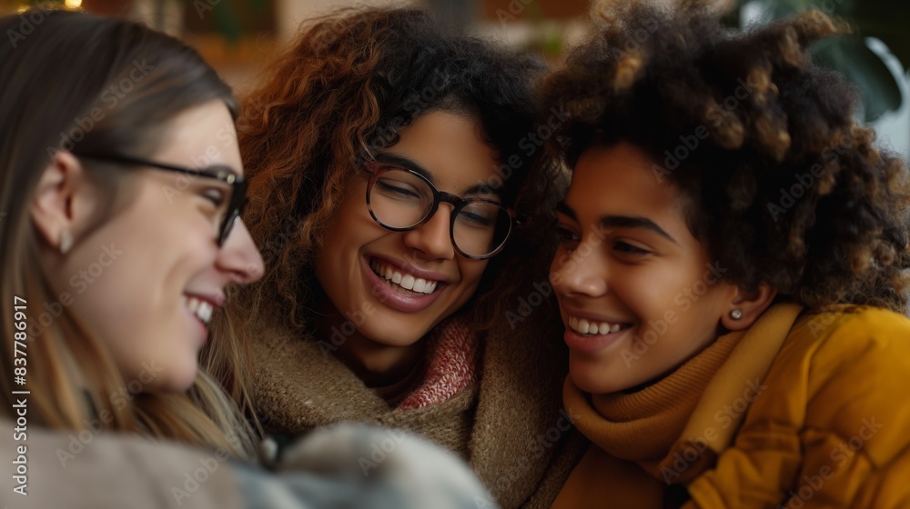 Close-knit friends share a moment of joy together, displaying strong bonds and happiness in a cozy setting Close-knit friends share a moment of joy together, displaying strong bonds and happiness in a cozy setting