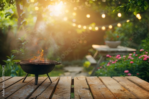 summer time in backyard garden with grill BBQ, wooden table with blurred background, Generative ai