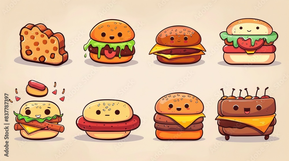 This is a modern cartoon retro mascot with different types of bread, desserts, cookies, cheeseburgers and hotdogs. This clipart is isolated on a beige background. This is a modern cartoon retro mascot with different types of bread, desserts, cookies, cheeseburgers and hotdogs. This clipart is isolated on a beige background.