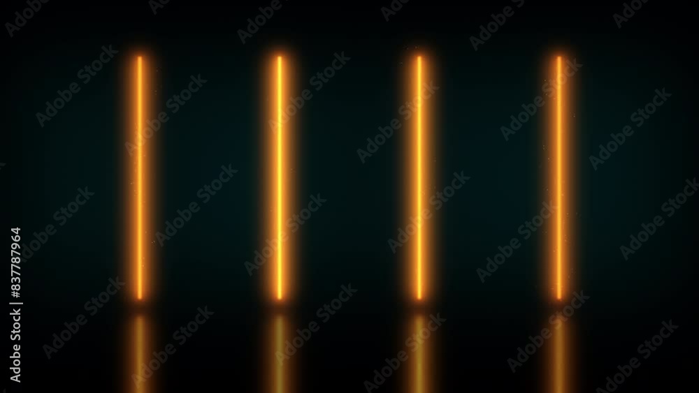 Animation loop of four orange neon tubes glowing and flickering and emitting small particles