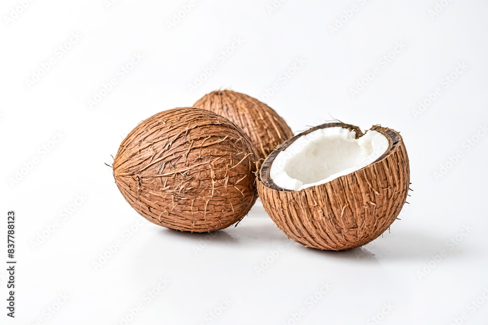 Three Whole Coconuts on White Background