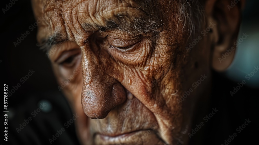 A tight shot of an elderly man's furrowed face, displaying deep wrinkles, gazing to the side, with a grave expression A tight shot of an elderly man's furrowed face, displaying deep wrinkles, gazing to the side, with a grave expression