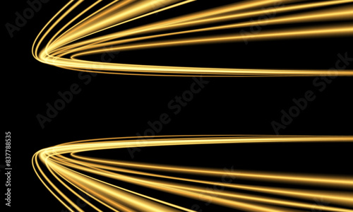 Abstract gold light fast speed curve dynomic motion on black background vector photo