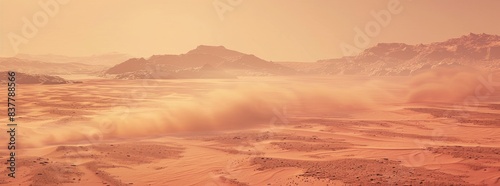 Sand blowing across a desolate Martian landscape under a pinkish sky generated by AI