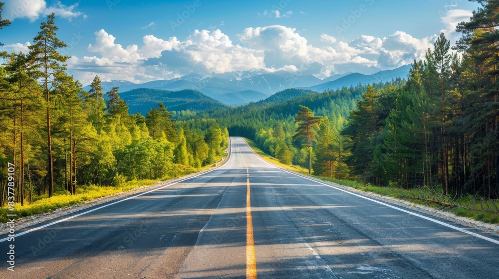 Naklejka premium Scenic Highway Through Lush Forests and Mountains Under a Bright Blue Sky