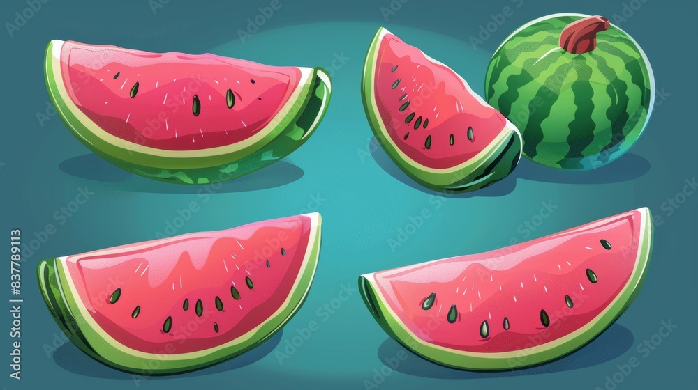Open watermelon half with sliced fruit on cyan background. Illustration of watermelon freshness and nature. Open watermelon half with sliced fruit on cyan background. Illustration of watermelon freshness and nature.