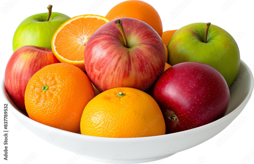 Bowl of fresh apples and oranges in white bowl isolated on transparent background. Bowl of fresh apples and oranges in white bowl isolated on transparent background.