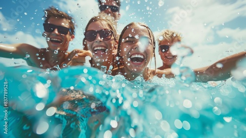 Joyful Young Friends Enjoying a Fun Day Playing in a Swimming Pool on a Sunny Day