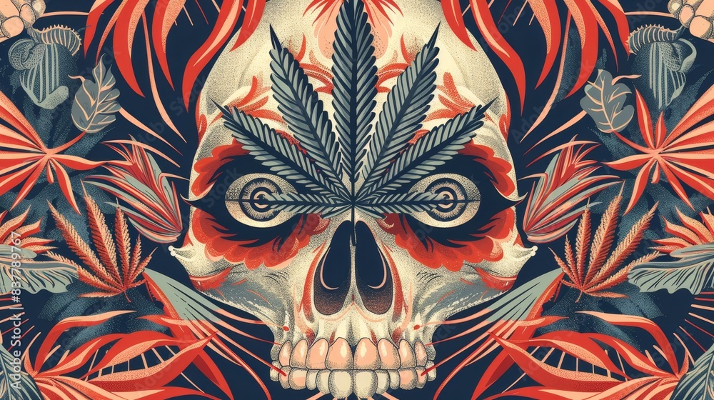 A modern background with an abstract line stripe pattern containing cannabis leaves, eyes, and skulls. A modern background with an abstract line stripe pattern containing cannabis leaves, eyes, and skulls.