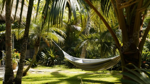 Serene Tropical Hammock in a Lush Palm Garden on a Sunny Day