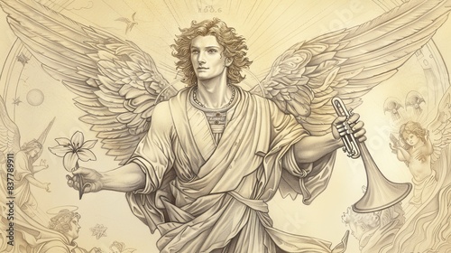 Saint Gabriel with Wings, Lily, Trumpet, Celestial Background, Divine Light, Biblical Illustration, Beige Background, Copyspace