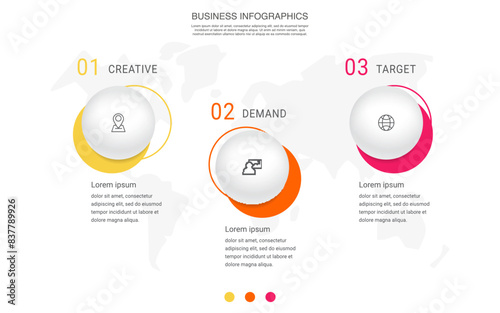 Business vector process. Modern infographic with 3 circles steps, options, parts. Template illustration.
