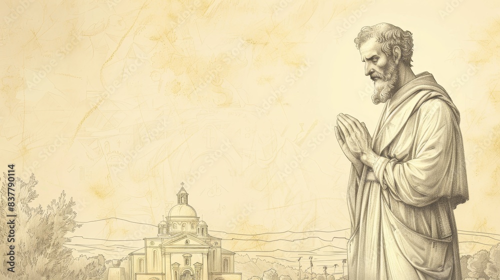 Fototapeta premium Devotion of Saint Zephyrinus in deep prayer, holding a cross. Simple attire, serene expression, peaceful church setting. Biblical Illustration, Beige Background, copyspace.