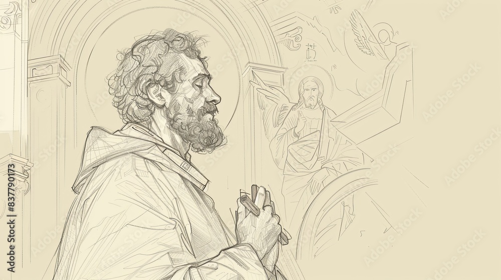 Saint Zachary in Temple, Vision of Gabriel, Biblical Illustration, Beige Background, Copyspace Saint Zachary in Temple, Vision of Gabriel, Biblical Illustration, Beige Background, Copyspace