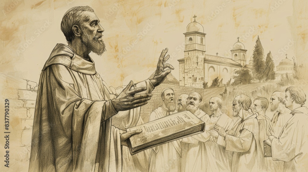 Naklejka premium Saint Cyril Teaching Early Christians, Scroll and Church, Biblical Illustration, Beige Background, Copyspace