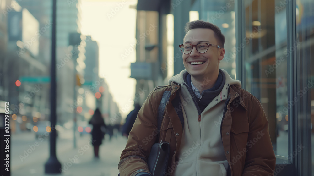 A young man in a brown jacket and glasses is smiling and holding a briefcase. He's standing on the sidewalk in the city. A happy guy A young man in a brown jacket and glasses is smiling and holding a briefcase. He's standing on the sidewalk in the city. A happy guy