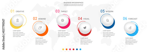 Business vector process. Modern infographic with six circles steps, options, parts. Template illustration.