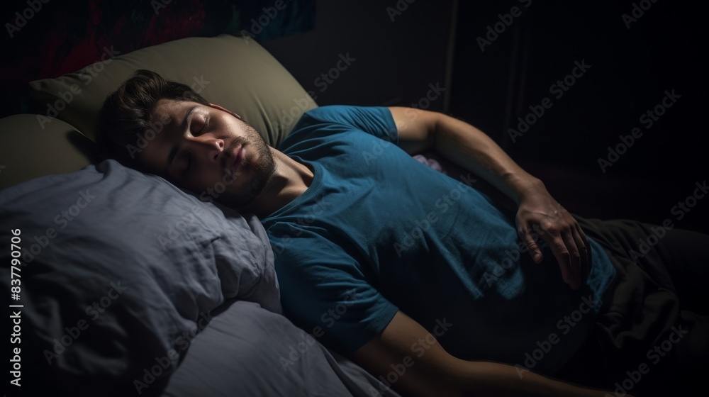 Portrait man sleeping in his bed. Man sleeping on soft pillow in bed at home. Peaceful man sleeping Portrait man sleeping in his bed. Man sleeping on soft pillow in bed at home. Peaceful man sleeping