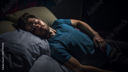 Portrait man sleeping in his bed. Man sleeping on soft pillow in bed at home. Peaceful man sleeping