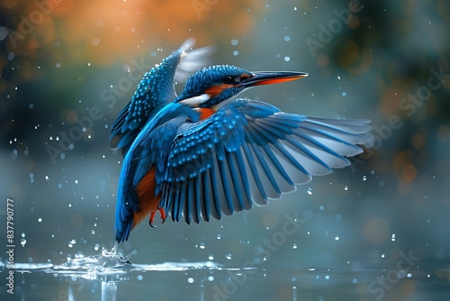 A brilliant blue Kingfisher with a vibrant orange beak dives into a calm river surrounded