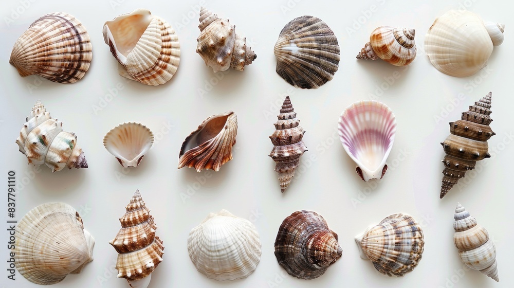 a variety of seashells on a white background a variety of seashells on a white background