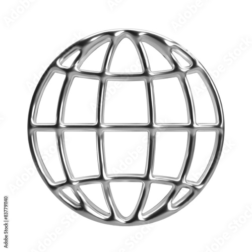 3d y2k abstract chrome globe. Isolated vector element with shiny metallic glossy silver surface representing Earth, sphere, world. Ideal for retrofuturistic, sci-fi, global, futuristic themes