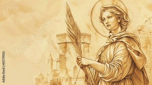 Saint Barbara with Tower and Palm, Serene Expression, Biblical Illustration, Beige Background, Copyspace