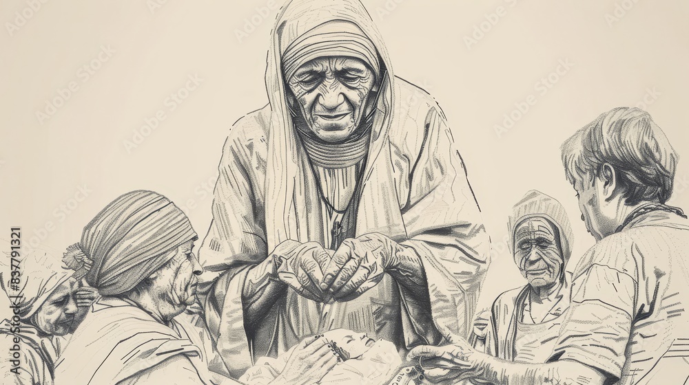 Saint Teresa of the Andes's deep prayer, holding a rosary, devotion and piety, serene chapel, beige background, Biblical Illustration, copyspace