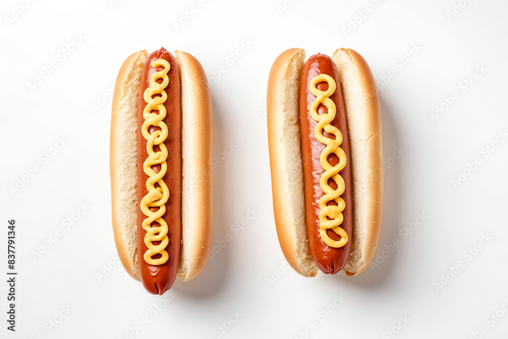 Two Hot Dogs With Mustard on a White Background Two Hot Dogs With Mustard on a White Background